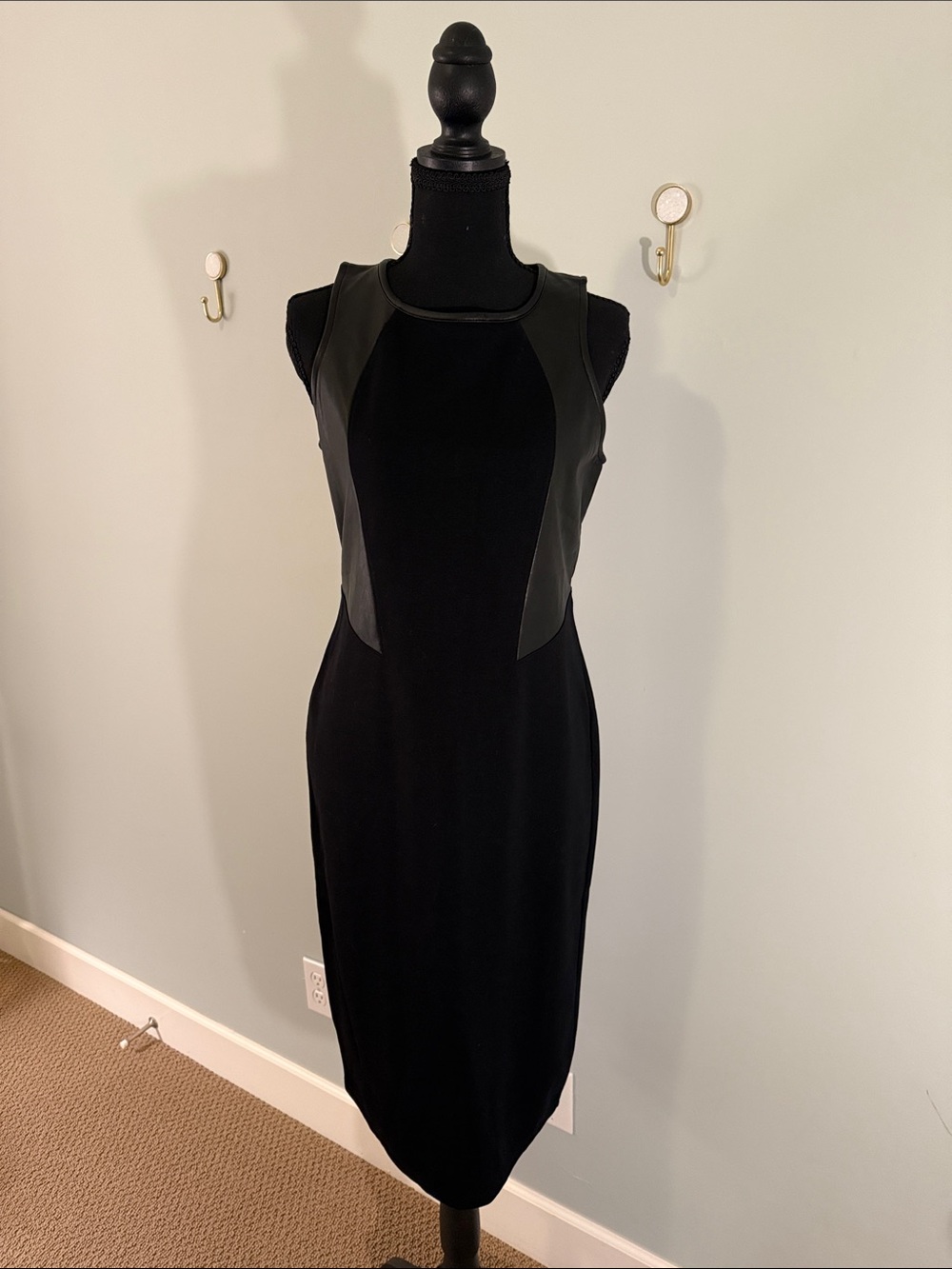Athleta Black Sleeveless Midi Dress with Faux Leather Panels